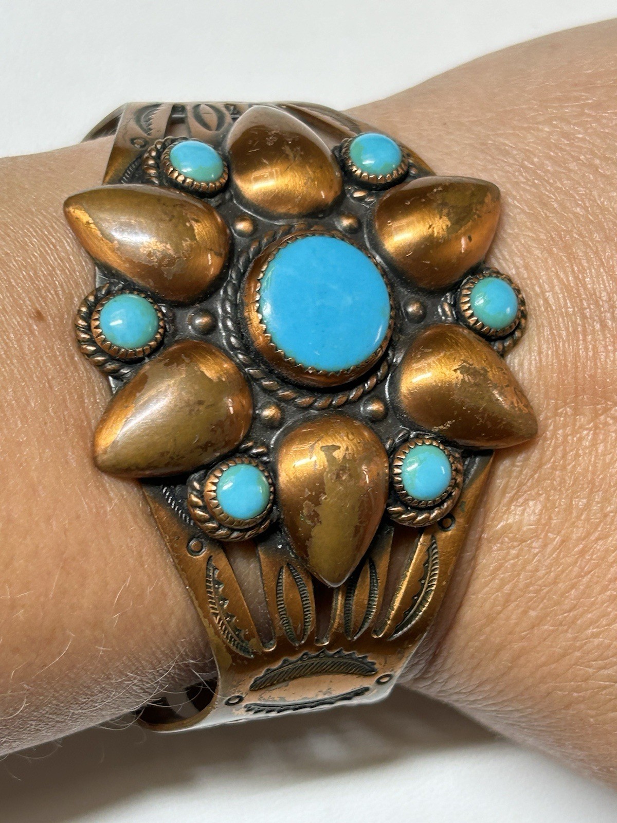Vintage Solid Copper Turquoise Cluster Cuff Brace… - image 1