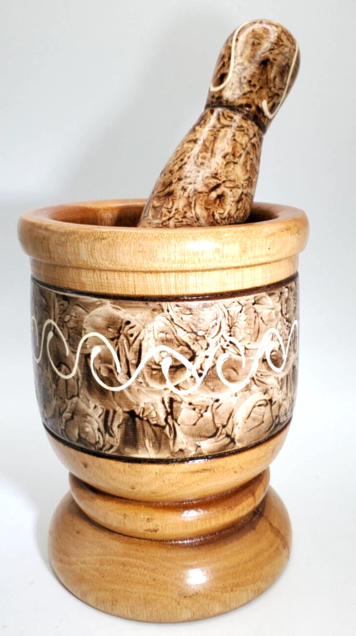 Wood, Hand Turned, Hand Painted, Mortar and Pestle