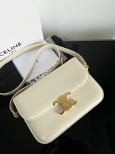 Borsa donna Céline classica quadrata in pelle bianca con logo in metallo tono oro