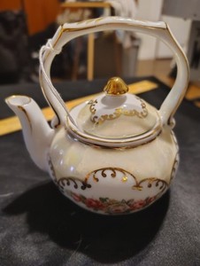 Vintage hand painted porcelain miniature Teapot iridescent floral w/ gold accent