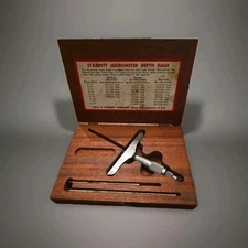 Vintage L. S. Starrett No. 445 Depth Micrometer w/(2) Rods & Wooden Box