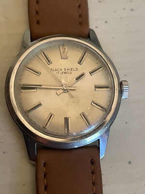  1950-60's Black Shield All SS 17J Men's watch, runs just serviced  N/Leather M