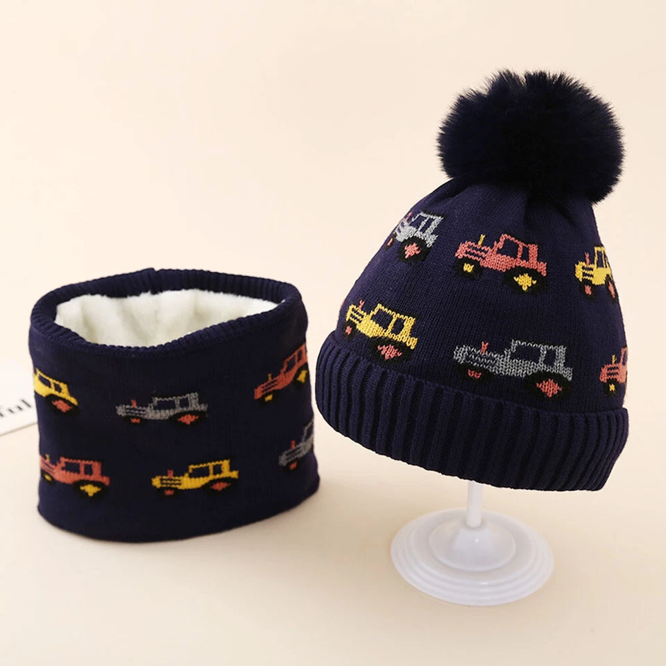 Boys Cartoon Car Fleece Lined Beanie Winter Hat Neck Warmer Scarf Knitted Hat - Image 3 of 4