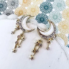 Gold Tone Crescent Moon Falling Stars Earrings Celestial Night Sky Boho NEW