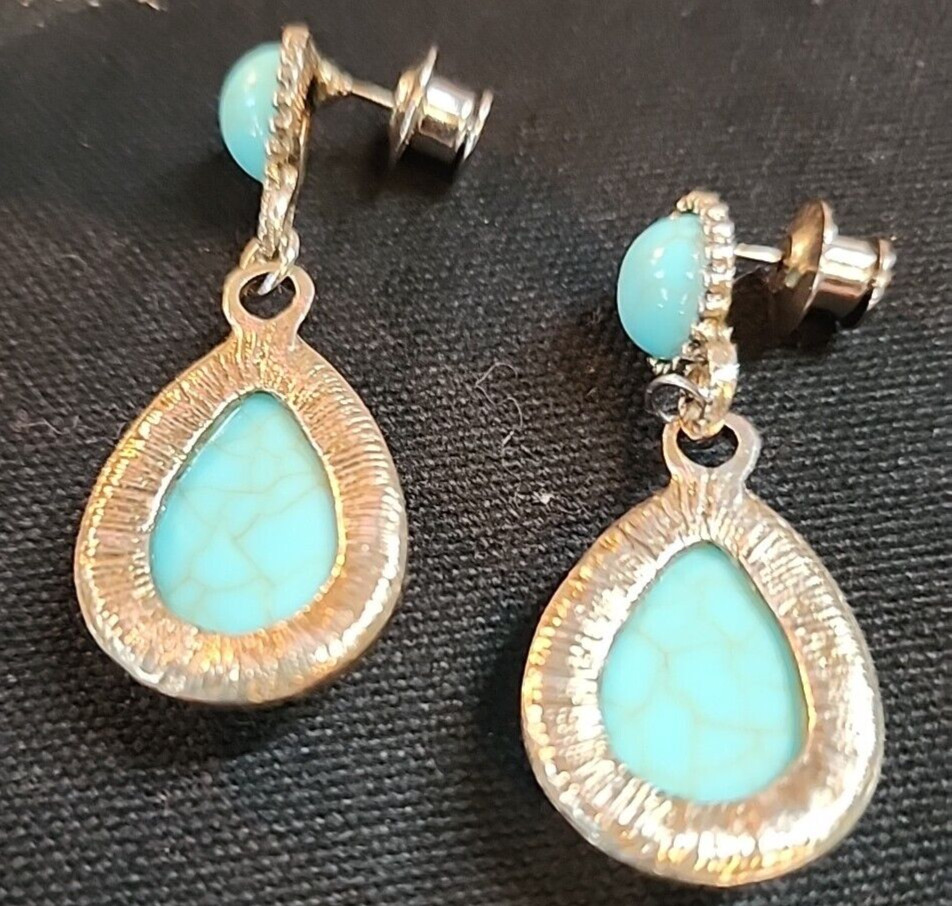 Silver Gemstone Turquoise Stud Dangled Earrings - image 4