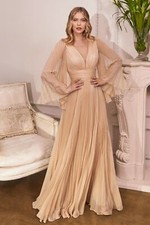 MOTHER OF BRIDE SOLID PLEATED CHIFFON DRESS W/ V-NECK ZIPPER BACK  LONG SLEEVES