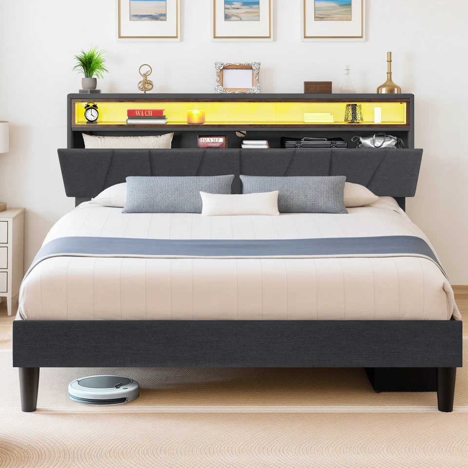 Светодиодный каркас кровати размера Queen с обивкой изголовья платформы USB и зарядными портами - Изображение 2 из 4