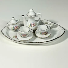 Vintage Pink Rose Pattern Gold Trim Porcelain Miniature 10 Piece Tea Set