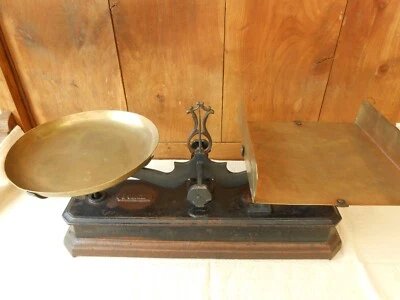 GRANDE BALANCE ROBERVAL"MARAÎCHER" EN FONTE EMAILLEE-PLX EN CUIVRE- FORCE 15 KGS - Photo 1/4