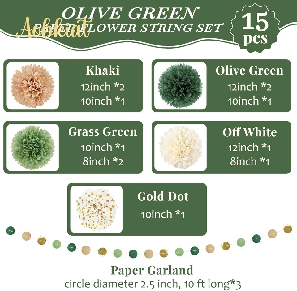 Juego de decoraciones de fiesta de boda, 15 piezas pompones de papel de seda verde, papel de puntos Ga... Foto 2 de 4