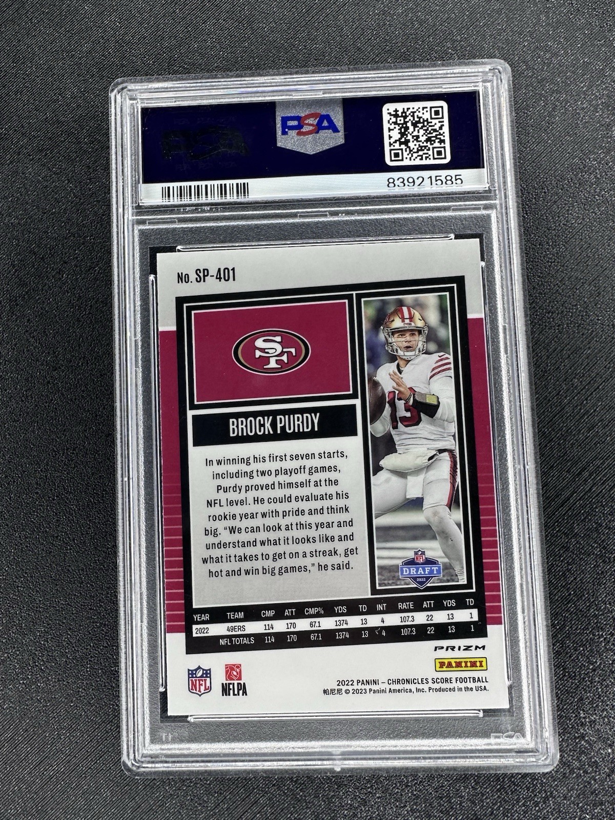 2022 Panini Chronicles - Score Premium RC Brock Purdy #SP-401 Silver Prizm PSA view 2