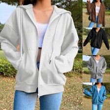 Womens Hoodie Sweatshirt Jacket Long Sleeve Zip Up Loose Fit Solid Polyester