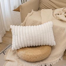 Faux Fur Lumbar Pillow Cover 12 X 24 Inch, Cream Double-Sided Throw Pillow Cover
