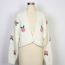 Forever 21 Cream Floral Knit Cardigan Sweater Womens Small Oversized Crop Flower