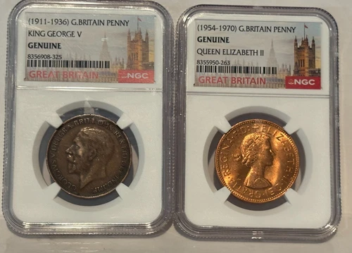 Great Britain Penny NGC King George V 1911 - 1936 & Queen Elizabeth 2 1954-1970