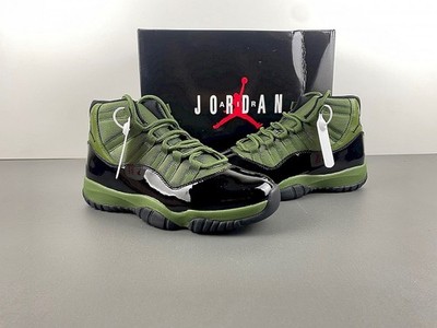 Air Jordan 11 Retro Olive Green Mesh Upper Gloss Black Patent Leather High Top M