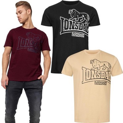 Lonsdale Langsett Herren T-Shirt Kurzarm Baumwolle Logo Print Schwarz Rot Sand