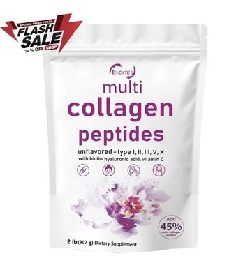Eocute Multi Collagen Peptides Powder Unflavored w/ Biotin HA + Vit C 2 lb
