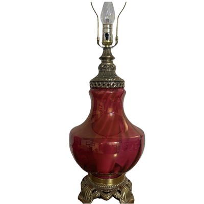 Vintage Large Lamp Cranberry Swirl Glass & Brass 30  High 10   At Widest Read