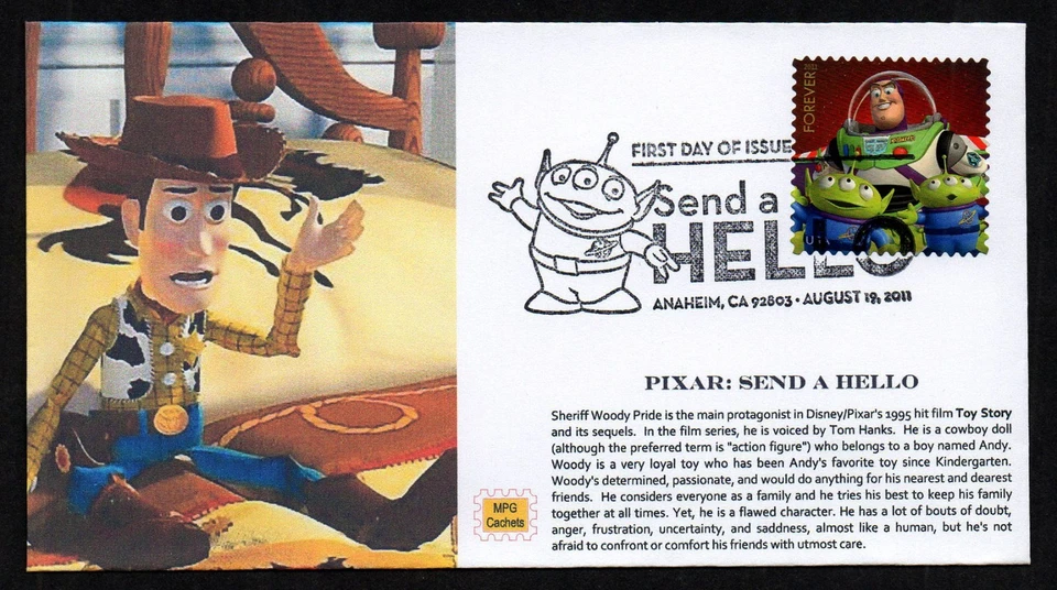 USA, SCOTT # 4553-4557, SET OF 5 MPG FDC COVERS SEND A HELLO, DISNEY PIXAR 2011 - Image 4 of 4