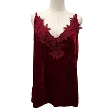 Burgundy Crushed Velvet Floral Lace Trim Cami Top Women XL Holiday Vampy Fall