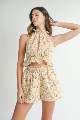 Mable Womens Beige 2Pc Set Floral Sleeveless Peplum Crop Top Pull On Shorts L