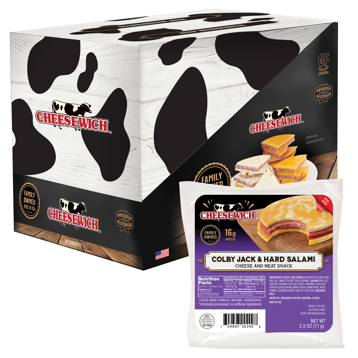 Cheesewich Protein Snacks - Colby Jack & Hard Salami Slices, Pack