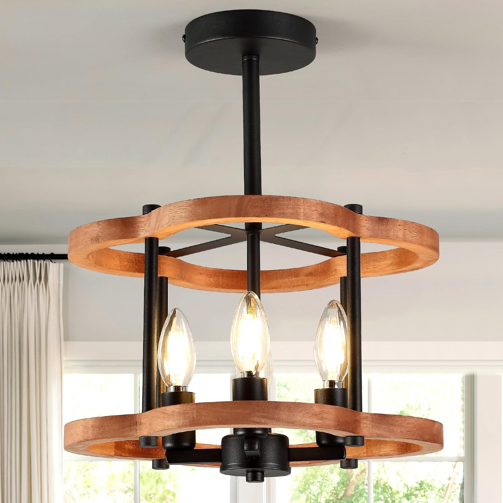 4-Light Rustic Farmhouse Semi Flush Mount Ceiling Fixture in 13-Inch Wood Design