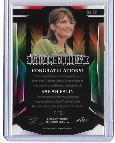 SARAH PALIN 2023 Leaf Pop Century Signatures PINK MOJO SP Auto Card Autograph /6 - 第 2/2 張圖片