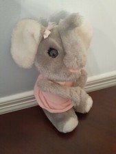 DAKIN Elephant Plush Stuffed Vintage Collectible 1980 attach hands Pink Dress 8"
