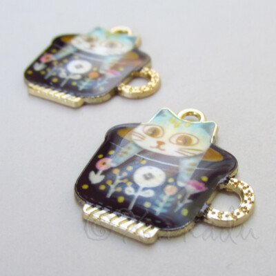 Cat Charms 23mm Kitty In Black Teacup Gold Plated Pendants C5266 - 2, 5 Or 10PCs