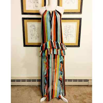 caroline constas halter dress Isla Silk Rainbow Striped Ruffle Maxi $895 Small women's aloha wear