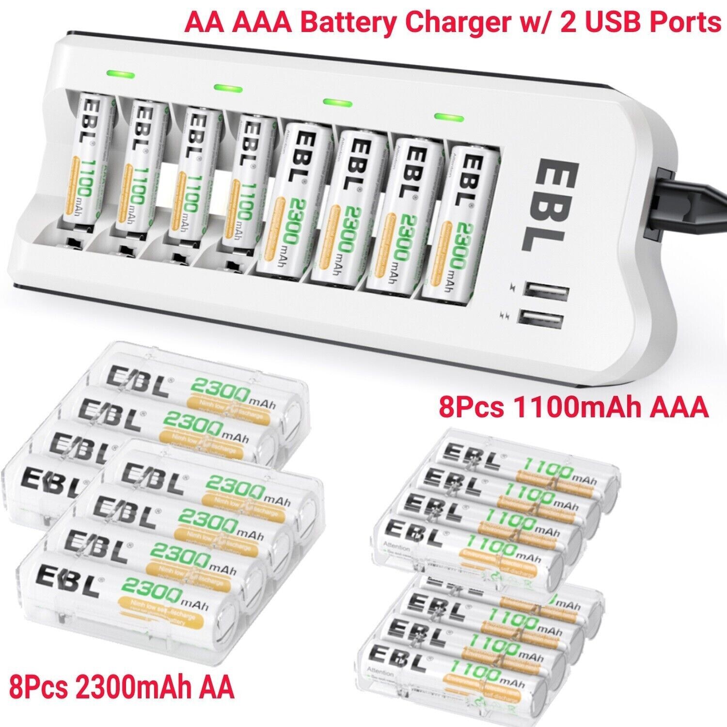 16PCS AA AAA NiMH Rechargeable Batteries W/ AA AAA Battery Charger 2 USB Ports-image