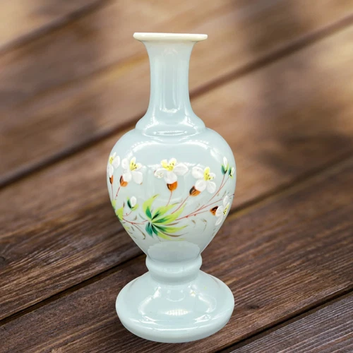 Antique Victorian Bristol Blue Milk Glass Hand Painted Blue Opaline Vase BH