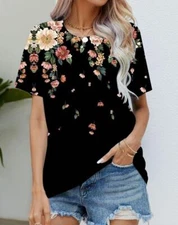 Blusa Camiseta Mujer Negro Floral Flor Gráfico Moda Manga Corta Sedoso Suave