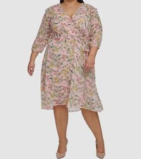 Tommy Hilfiger Women's Pink Floral-Print Chiffon Belted Midi Dress Plus Size 20W