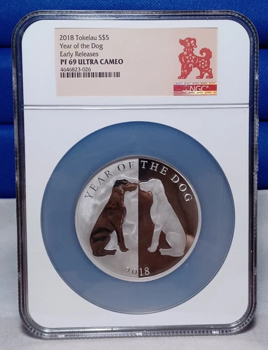 2018 Tokelau $5 Year Of The Dog MIRROR DOGS - NGC PF69UCAM ER: 65mm only 500pcs