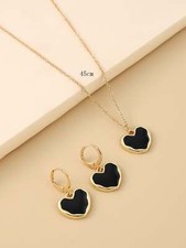 Black Heart Charm Necklace  Earrings Jewelry Set Jewelry Gift for Women