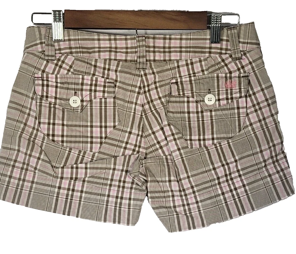 Pantalones Cortos Mujer OTB Talla 5/6 Mezcla Algodón Spandex Marrón Rosa Cuadros Usados en Excelente Condición Foto 3 de 4