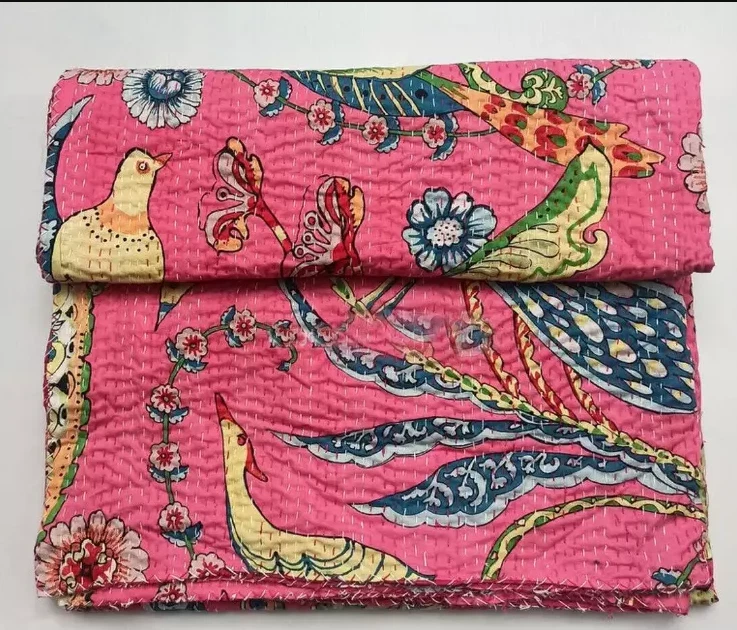 Colcha Kantha floral rosa bloque indio, manta algodón tamaño king Foto 2 de 2