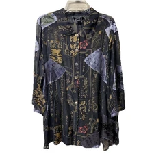CITRON  Santa Monica 1X Gorgeous Black Gold Asian Sheer Silk Blouse Shirt Top
