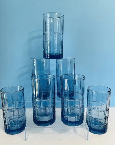 Glassware...Anchor Hocking VTG Tartan Plaid Cobalt Blue 16oz Tumblers~Set Of 7