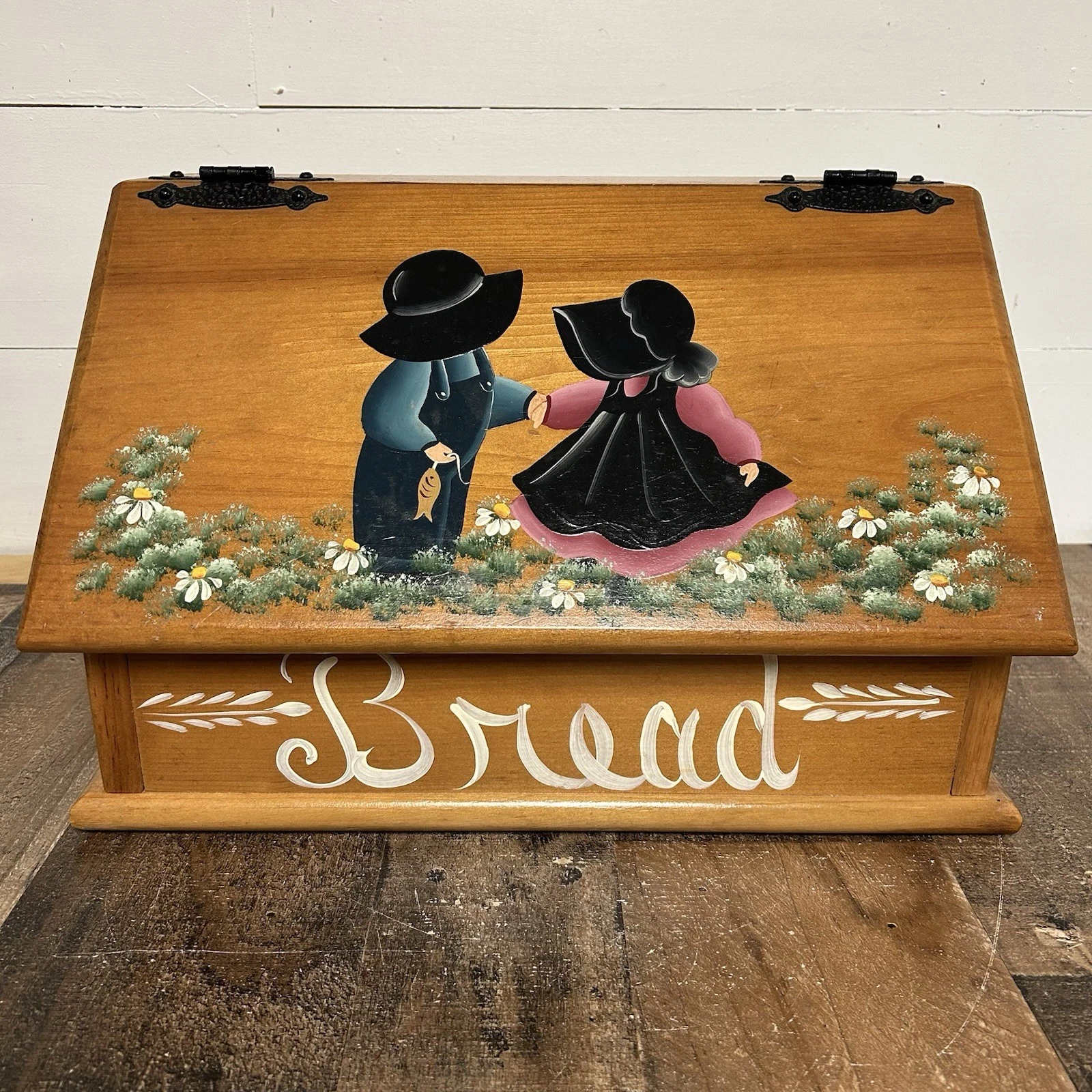 Vintage Wooden Bread Box Amish Bonnet ChildrenHolding Hands Storybook Grannycore