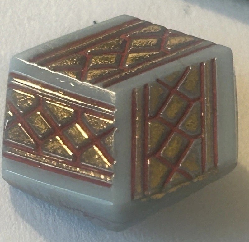 Vtg  Antique Gray Glass Button - Modified Square Red-gold Paint Linear