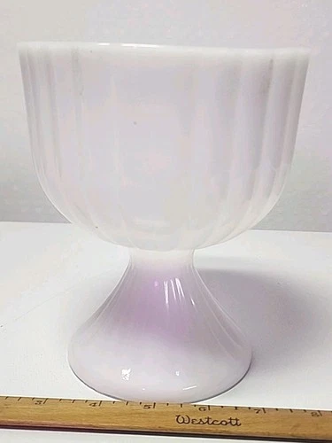 Vintage White Milk Glass Vertical Ribbed Pedestal Compote Bowl Planter Vase