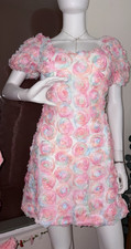 PINK Pink/Blue Floral Puff Sleeve Square Neck Mini Dress M, Short Sleeve Ruffle