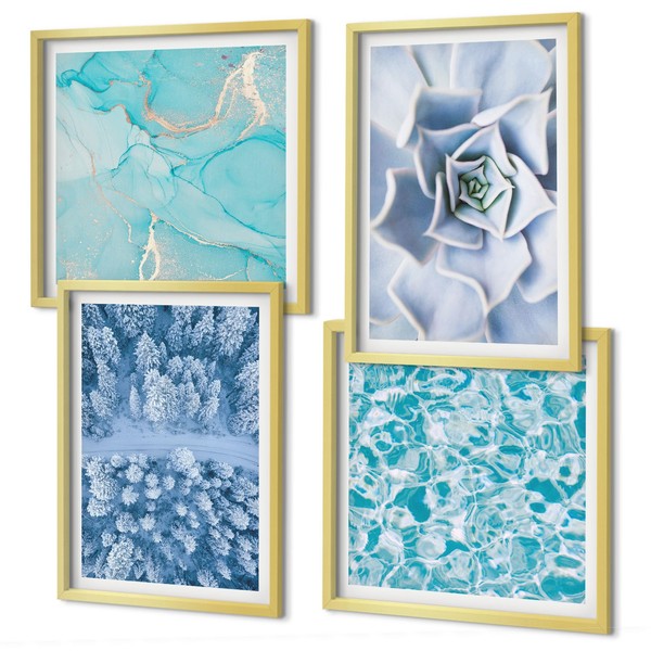 Kunstdruck Set Im Rahmen FüR Stilvolle RäUme Winterwald Blaublume Golden Rahmen-image