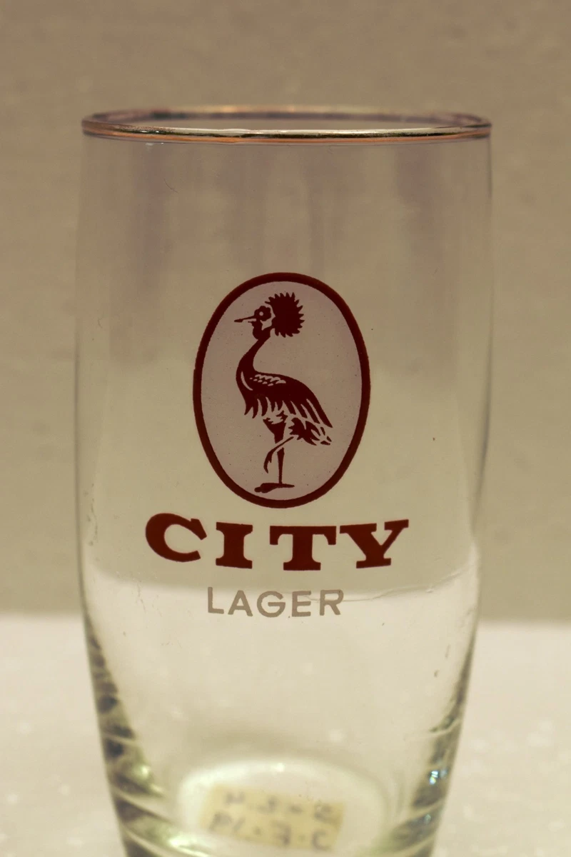 Vintage City Lager Beer Advertising Glass Crane Bird Logo Gold Rim Barware Old"R