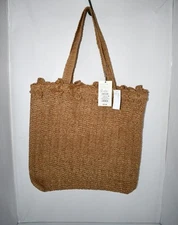 A NEW DAY Woven Paper Straw Tote Bag | Double Straps, Flower Trim | in Beige NWT
