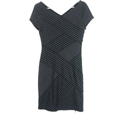 BCBG Maxazria Mini Dress Womens S Black Gray Striped Bodycon Sheath Side Zip
